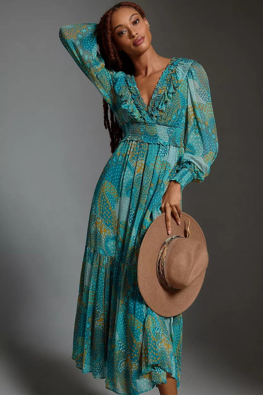 By Anthropologie Odetta Ruffled V Neck Midi Dress XS Tiered Smocked Artsy Floral
